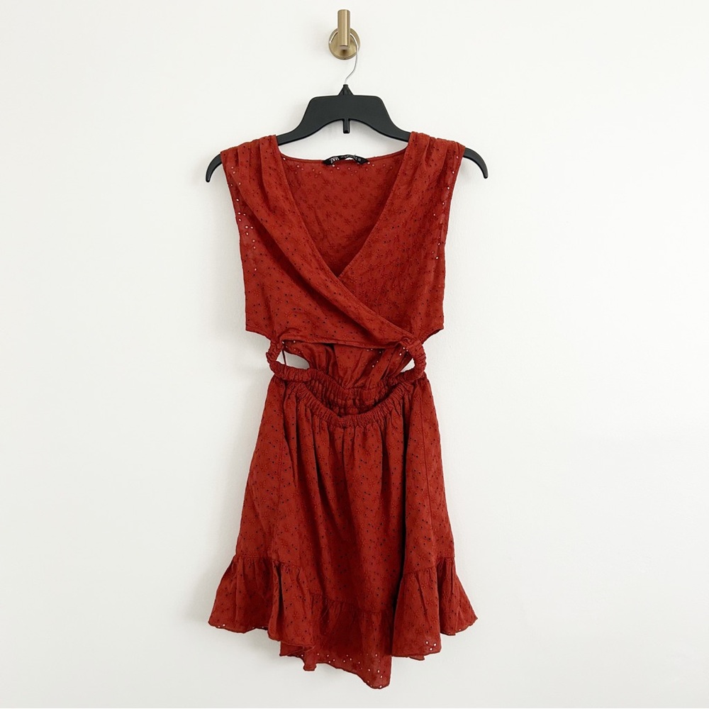 Zara Eyelet Floral Embroidered Cotton Cutout Mini Dress Size XS
